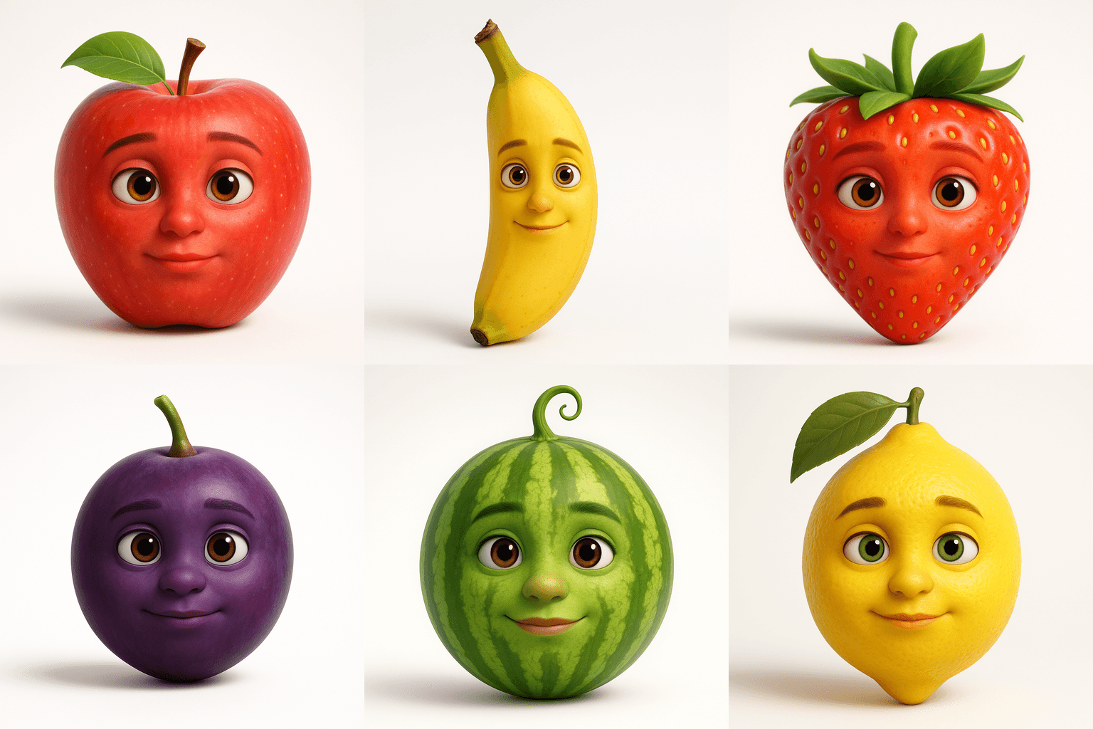 Fruit puppet characters – apple, banana, strawberry, grape, watermelon, and lemon